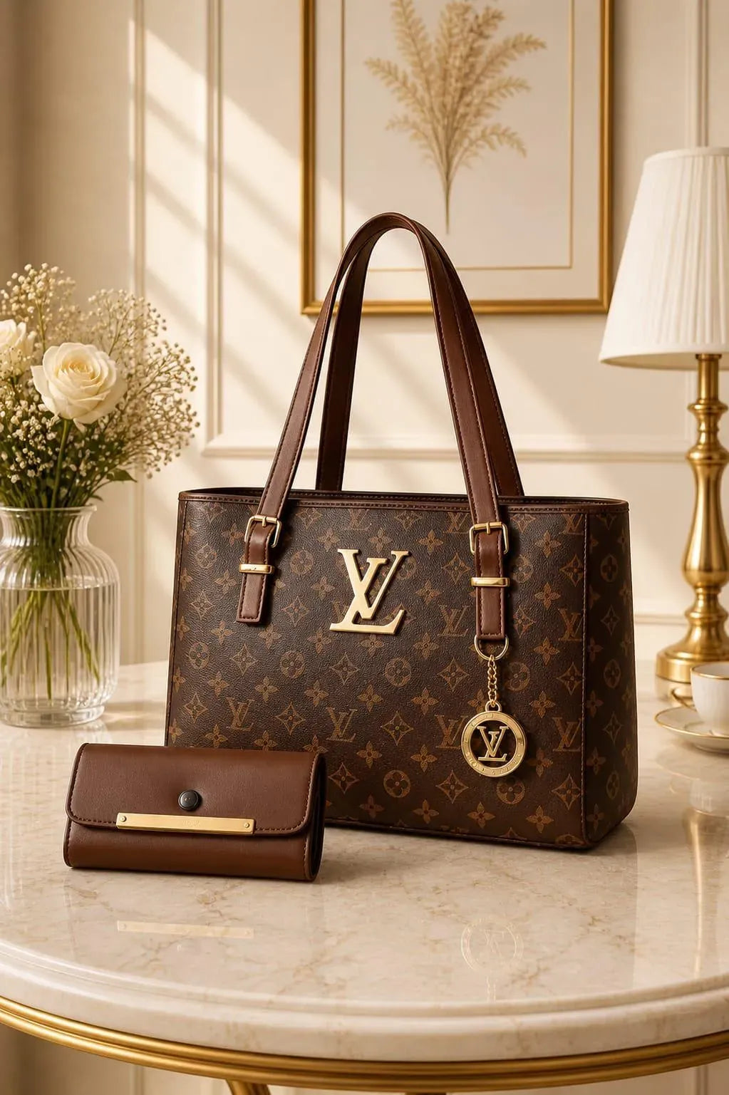 Premium Black Leather Women's Shoulder Bag with LV Logo