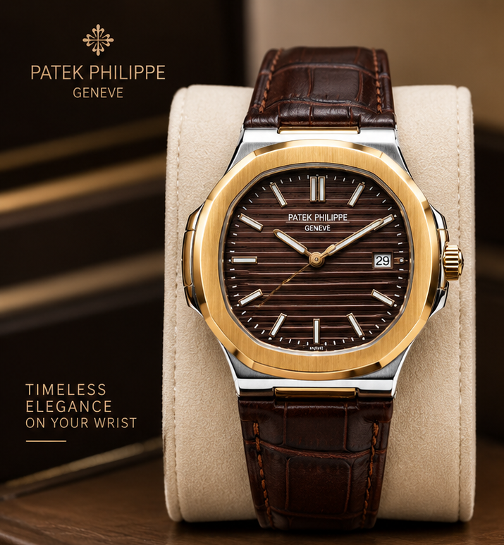 Patek Phillep Luxury Two-Tone Watch Brown Dial & Leather Strap