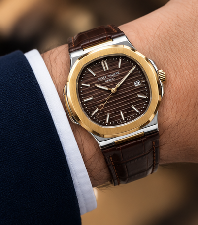 Patek Phillep Luxury Two-Tone Watch Brown Dial & Leather Strap