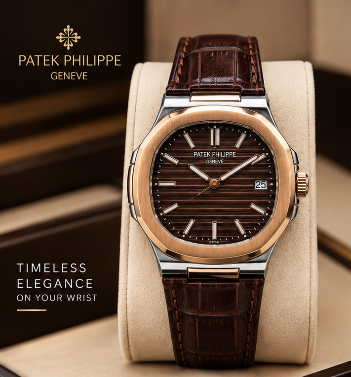 Patek Phillep Luxury Rose Gold Watch Beige Brown Dial with Premium Leather Strap