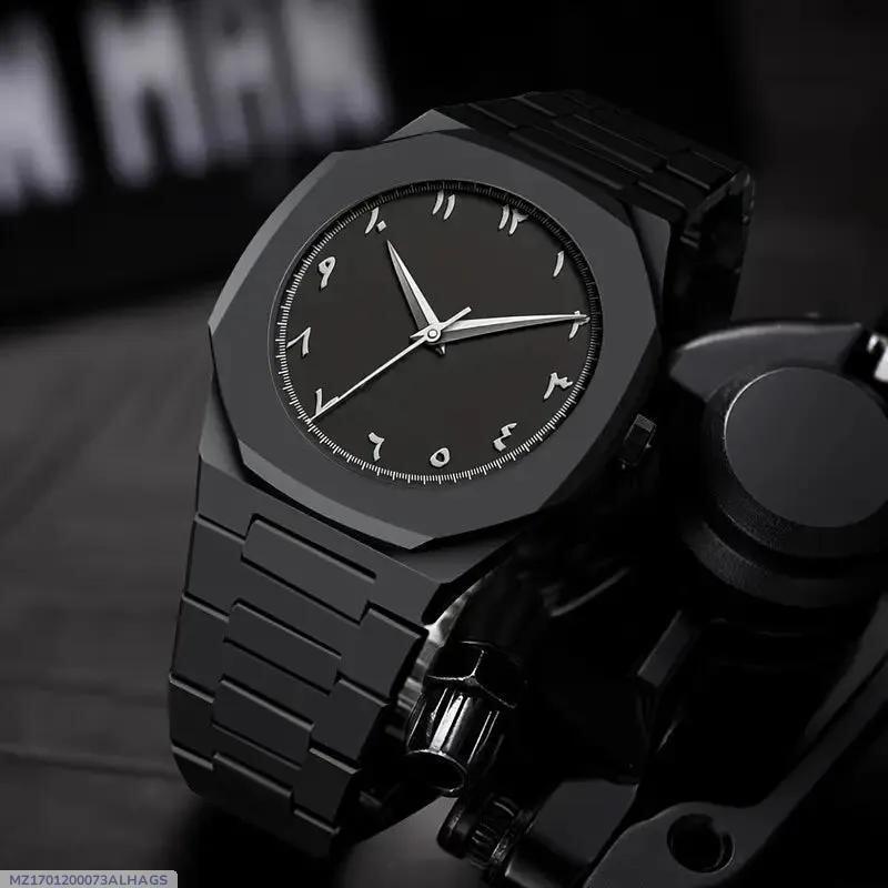 Luxury Black Arabic Aura Men's Watch with Octagonal Case & Stainless Steel Bracelet