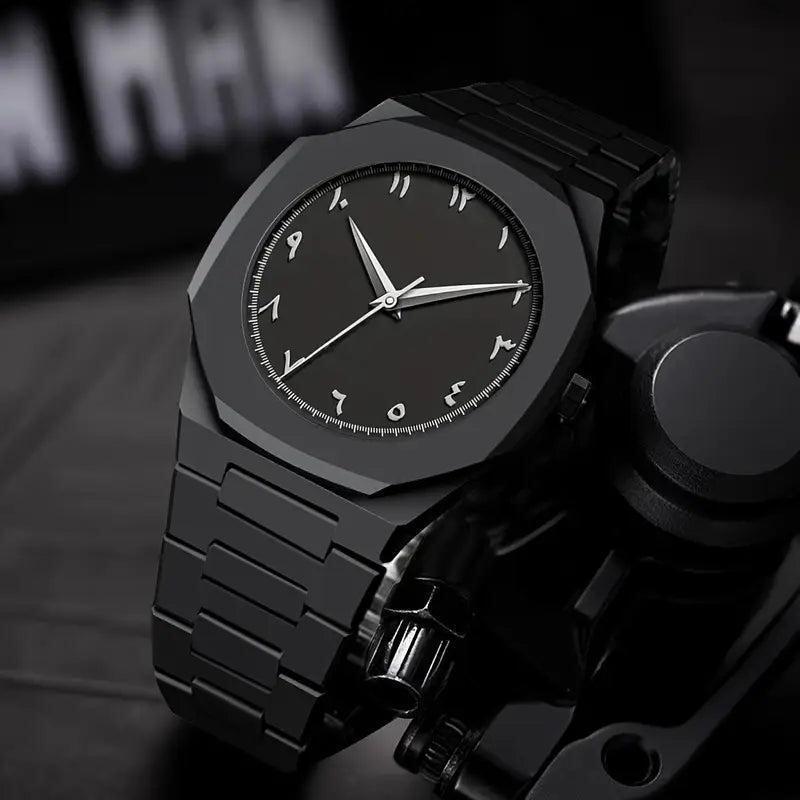 Luxury Black Arabic Aura Men's Watch with Octagonal Case & Stainless Steel Bracelet