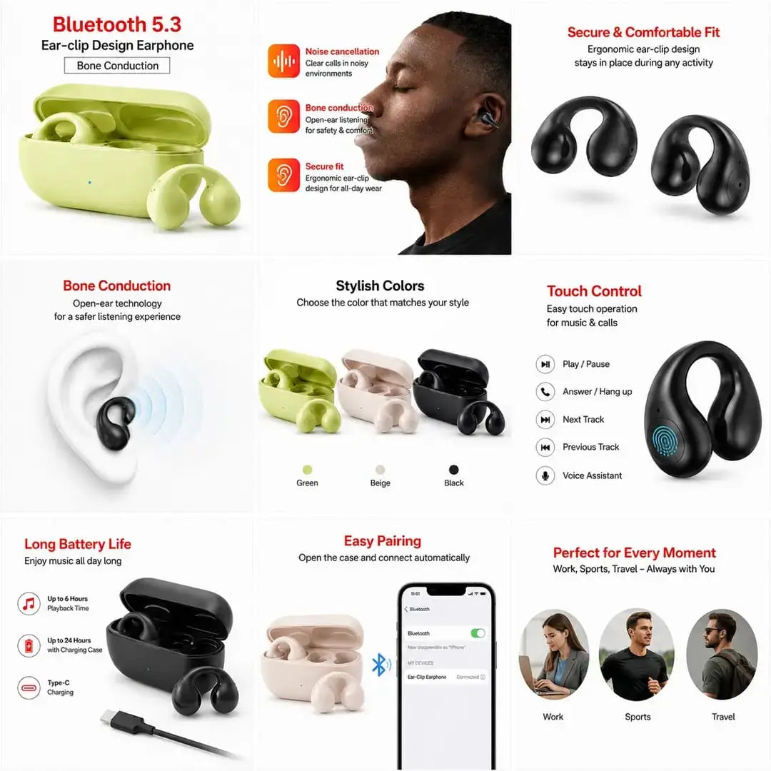 Premium Black Earclips Earbuds 5.3 Open Ear Wireless Earbuds