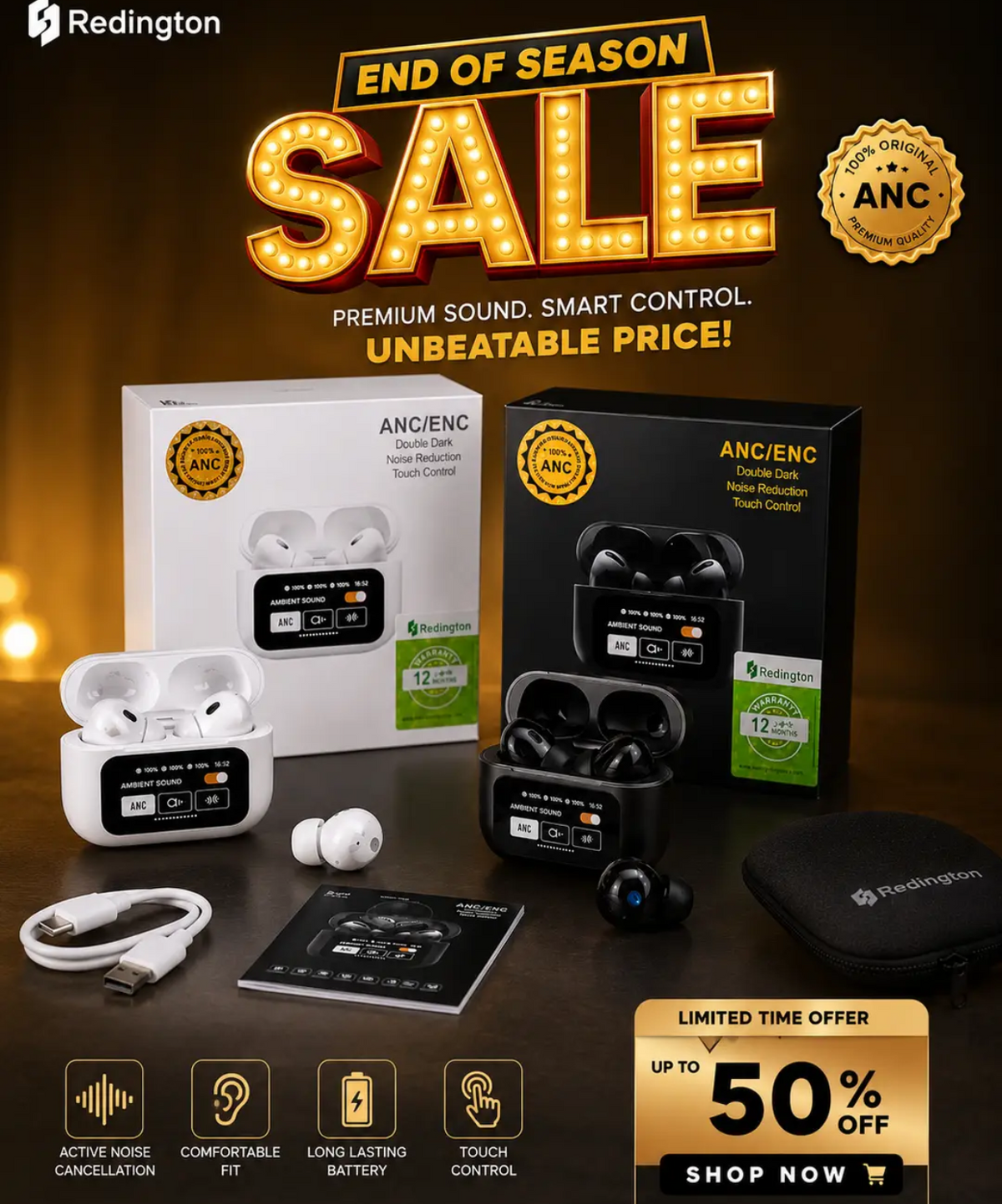 Redington Airpods Pro With ANC , Touch Display , Premium and Minimals Design