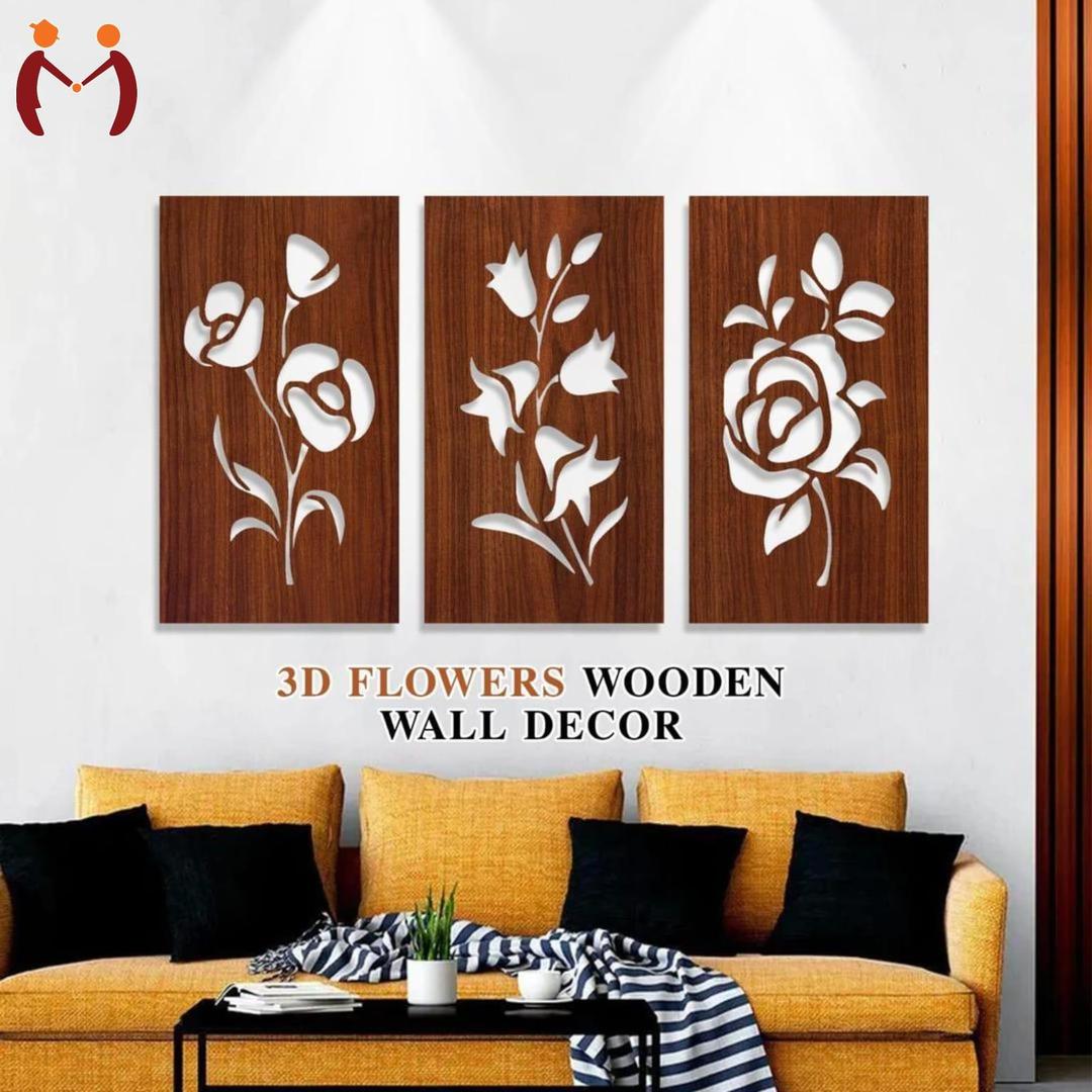 3D Floral Wall Art Set 3 Pcs Brown 6x10. inches