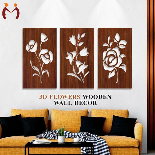 3D Floral Wall Art Set 3 Pcs Brown 6x10. inches