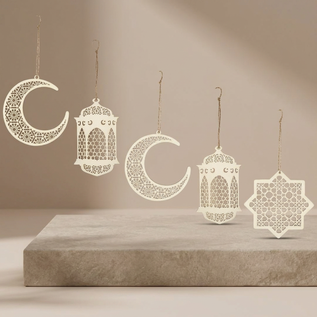 Ramzan Eid Wooden Wall Hanging Set of 5 White Crescent Lanterns