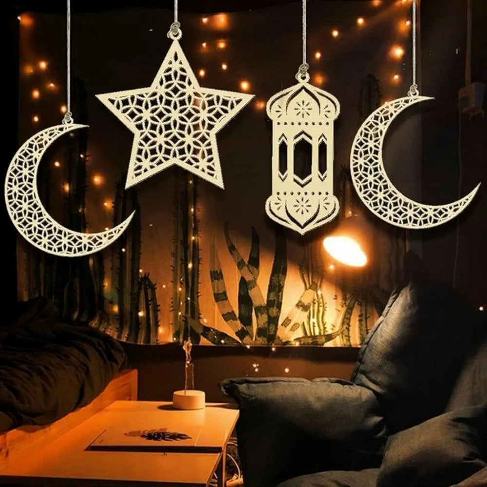 Ramzan Eid Wooden Wall Hanging Set of 5 White Crescent Lanterns