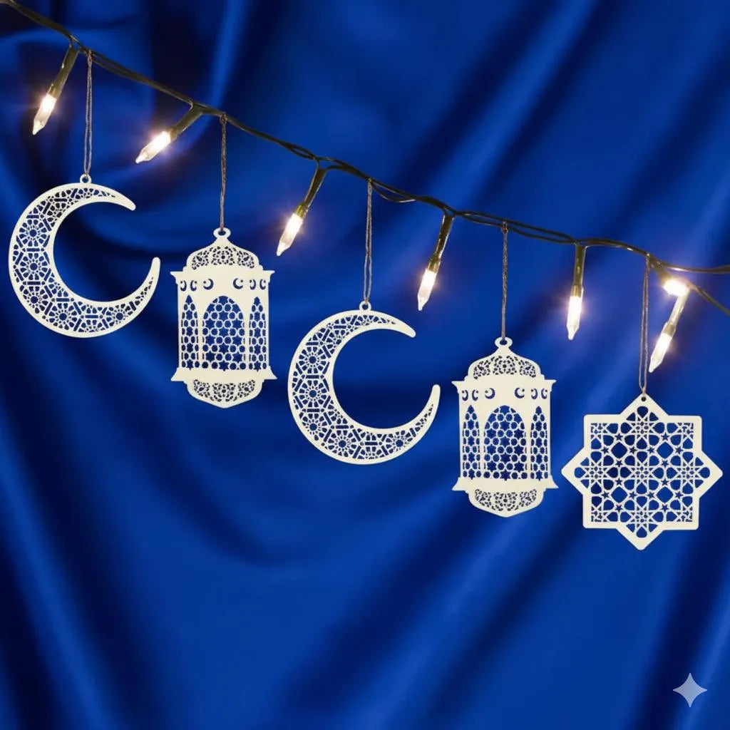 Ramzan Eid Wooden Wall Hanging Set of 5 White Crescent Lanterns