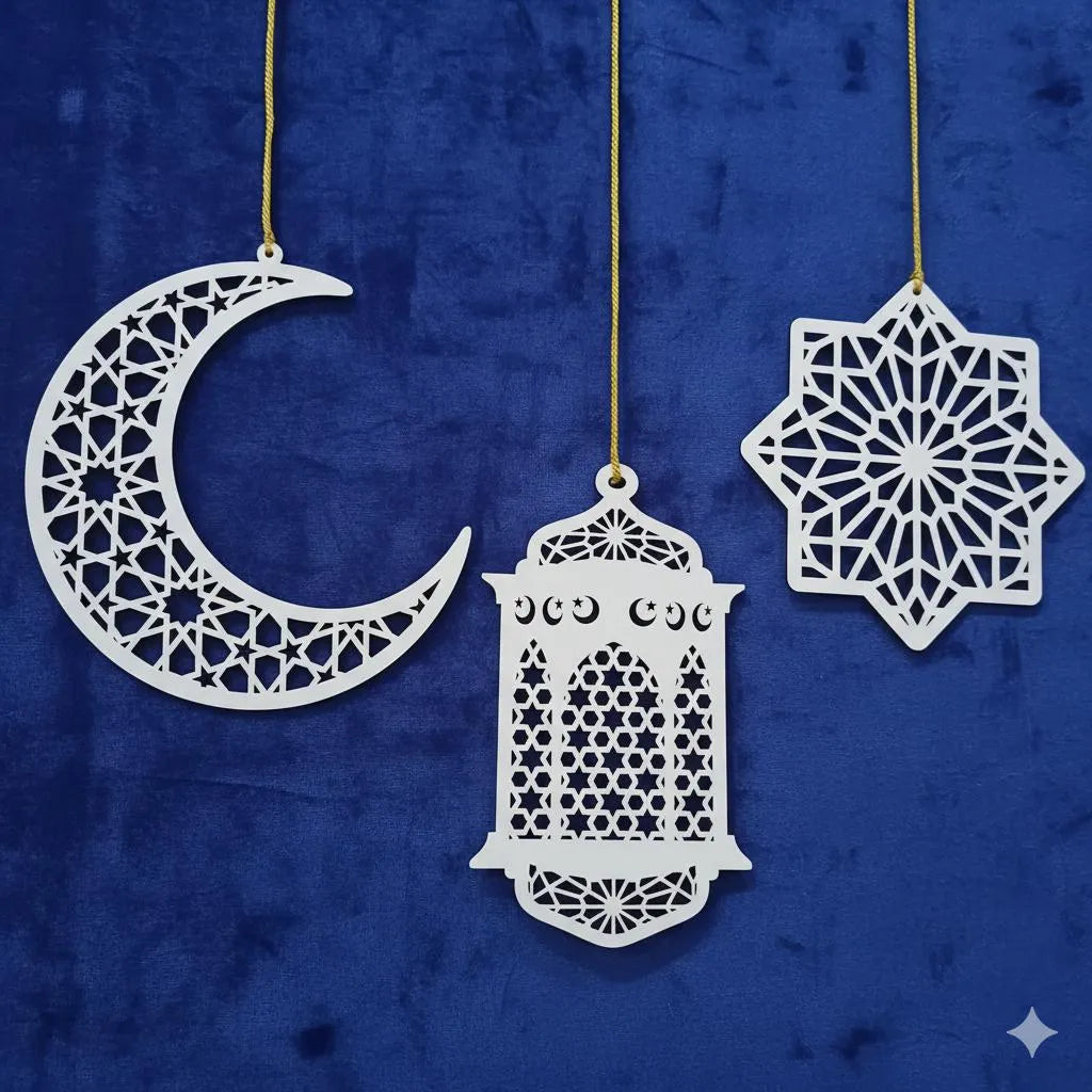 Ramzan Eid Wooden Wall Hanging Set of 5 White Crescent Lanterns