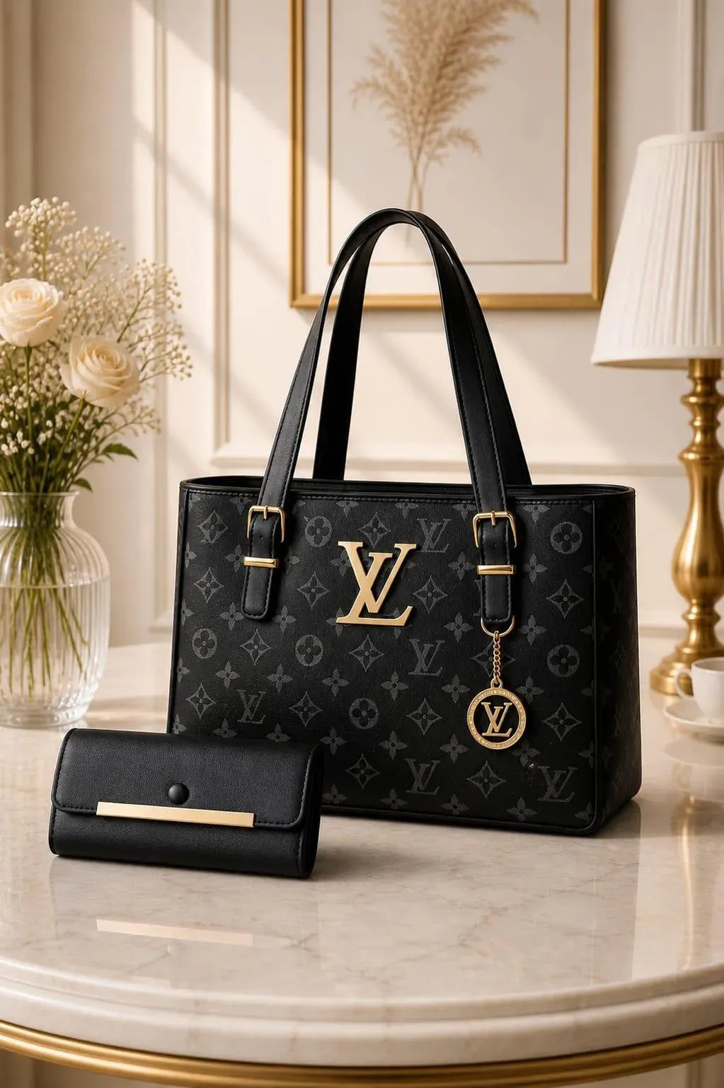 Premium Black Leather Women's Shoulder Bag with LV Logo