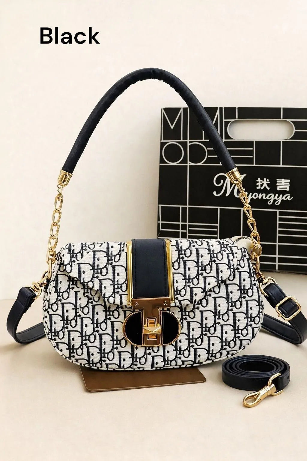 Premium Dior Black Printed Shoulder Bag for Girls with Gold