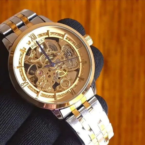 Luxury Automatic Skeleton Watch for Men -Gold & Silver Stainless Steel