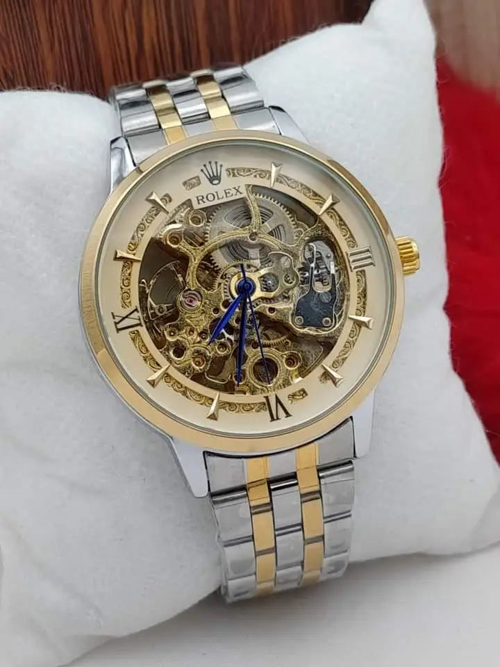 Luxury Automatic Skeleton Watch for Men -Gold & Silver Stainless Steel