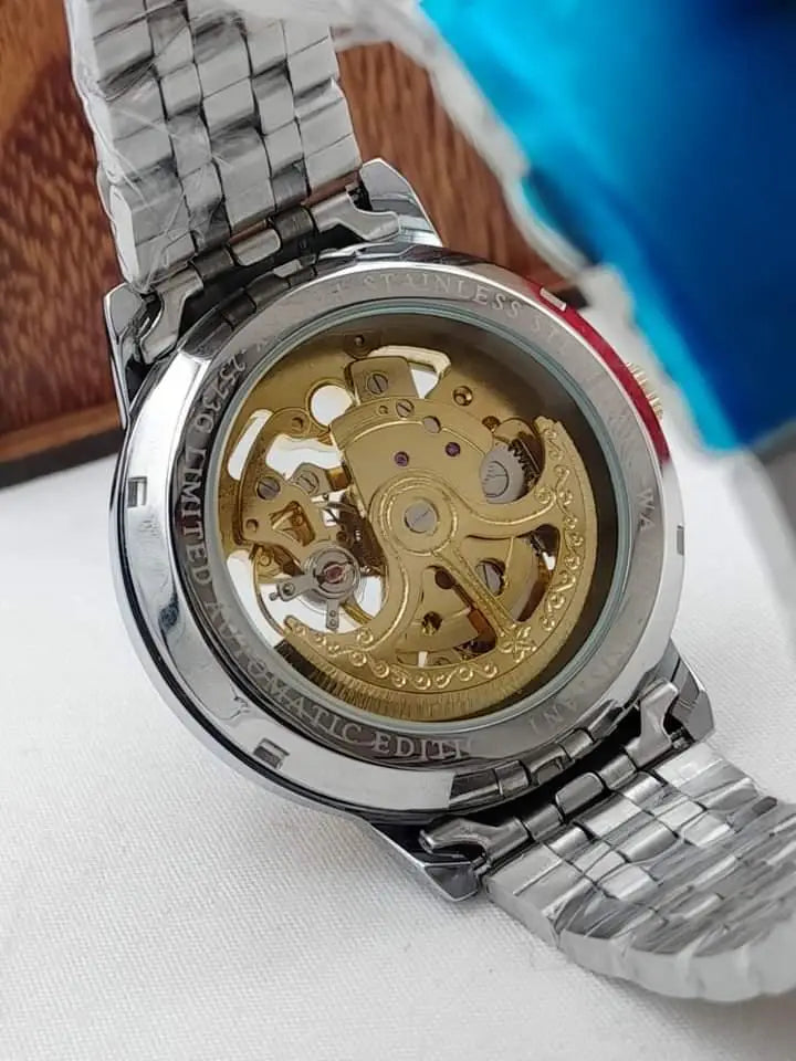 Luxury Automatic Skeleton Watch for Men -Gold & Silver Stainless Steel