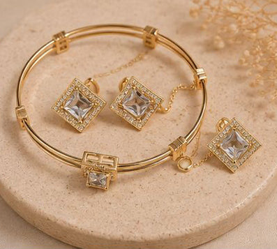 Square Crystal Jewelry Set for Women | Gold Bracelet & Ear rings