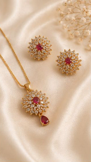 Luxury Ruby Crystal Flower Jewelry Set – Necklace, Earrings & Bracelet