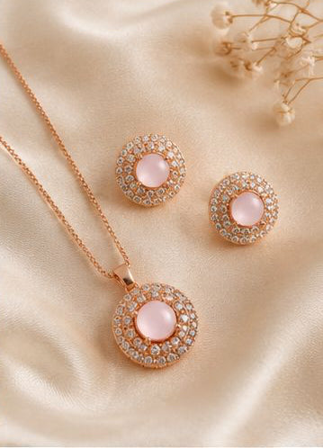 Elegant Pink Quartz Crystal Pendant & Earrings Jewelry Set