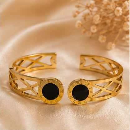 Luxury Gold Roman Numeral Cuff Bracelet for Women - Stainless Steel Bangle