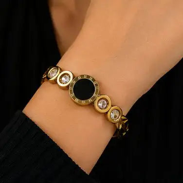 Luxury Gold Roman Numeral Crystal Cuff Bracelet - Stainless Steel Bangle