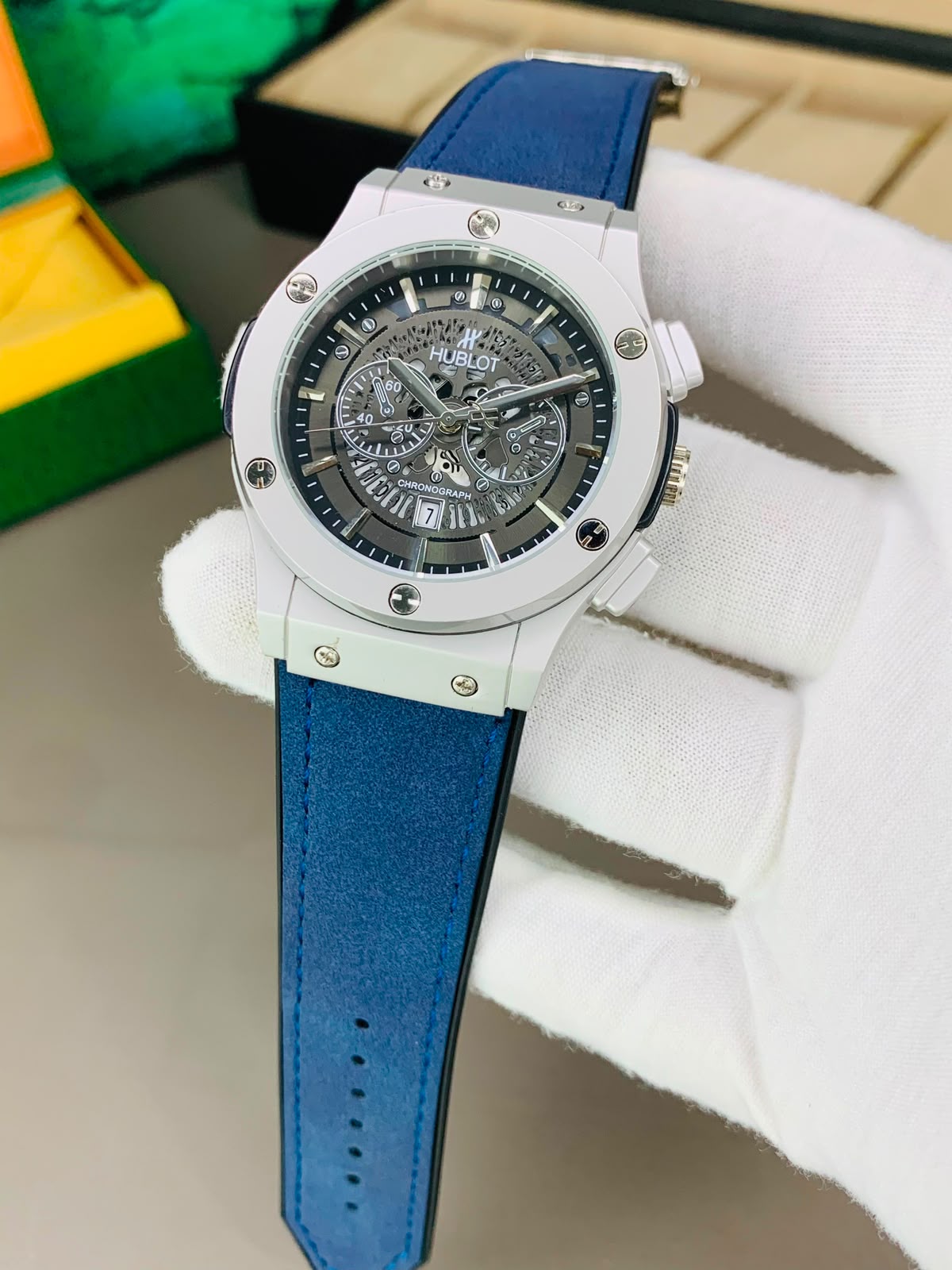 Hublot Skeleton Chronological Dial-Leather Strap Watch For Mens