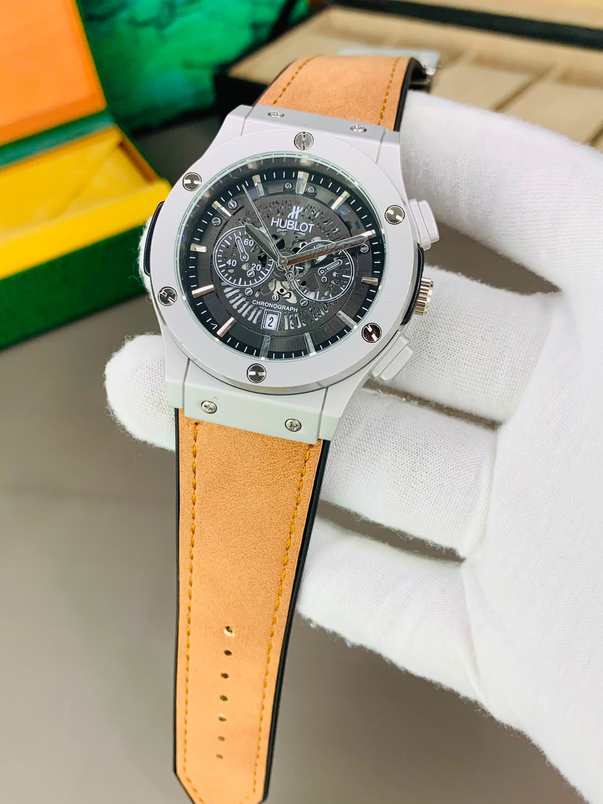 Hublot Skeleton Chronological Dial-Leather Strap Watch For Mens