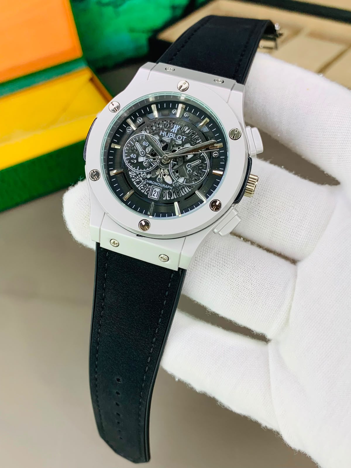 Hublot Skeleton Chronological Dial-Leather Strap Watch For Mens