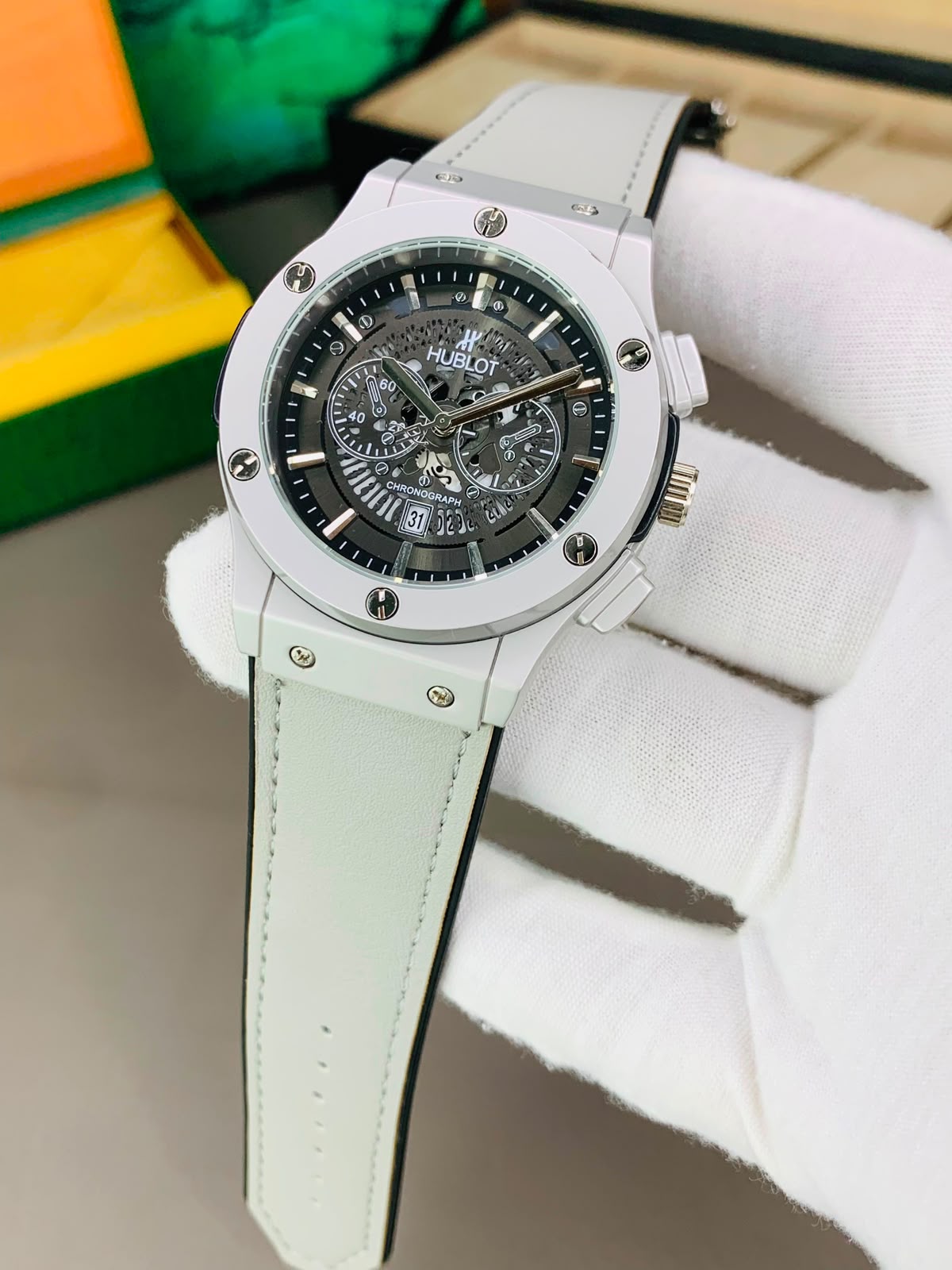 Hublot Skeleton Chronological Dial-Leather Strap Watch For Mens