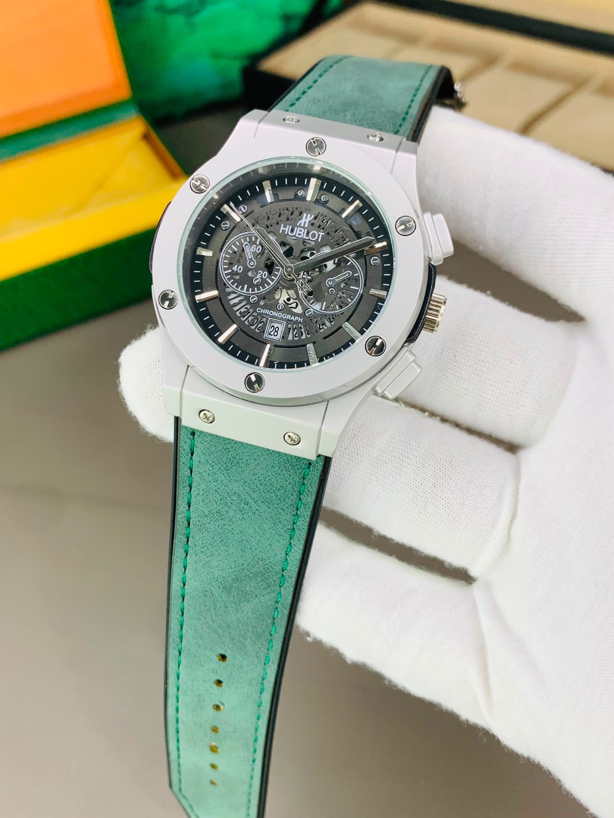 Hublot Skeleton Chronological Dial-Leather Strap Watch For Mens