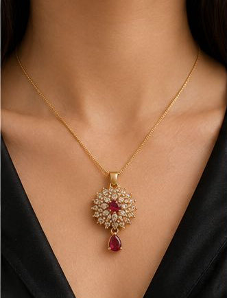 Luxury Ruby Crystal Flower Jewelry Set – Necklace, Earrings & Bracelet