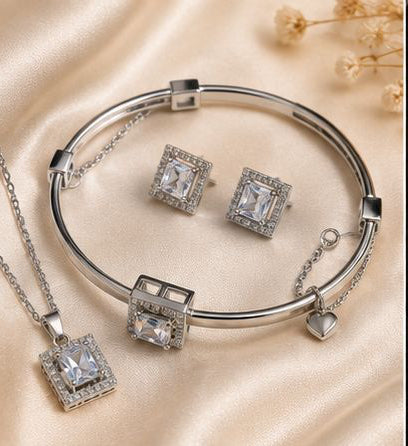 Luxury Silver Square Crystal Jewelry Set – Necklace, Earrings & Bracelet