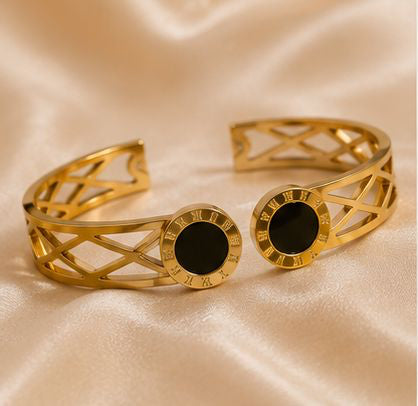 Luxury Gold Roman Numeral Cuff Bracelet for Women - Stainless Steel Bangle