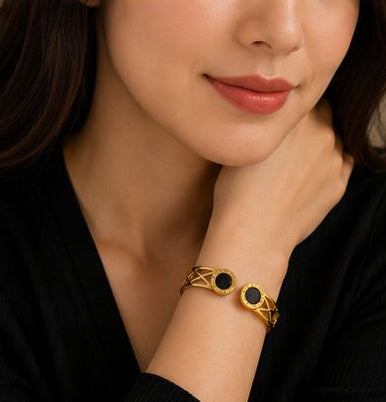 Luxury Gold Roman Numeral Cuff Bracelet for Women - Stainless Steel Bangle
