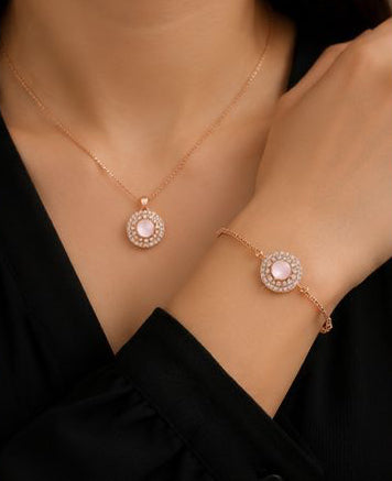 Elegant Pink Quartz Crystal Pendant & Earrings Jewelry Set