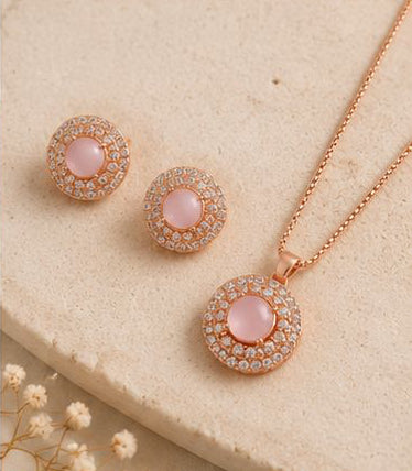 Elegant Pink Quartz Crystal Pendant & Earrings Jewelry Set