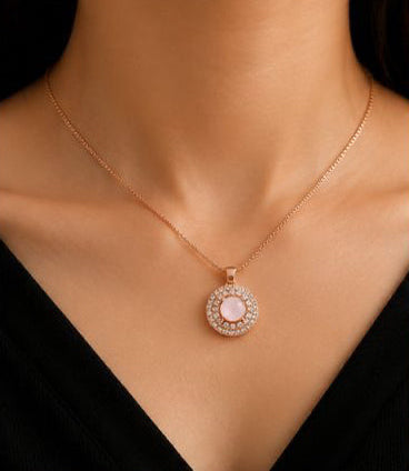 Elegant Pink Quartz Crystal Pendant & Earrings Jewelry Set