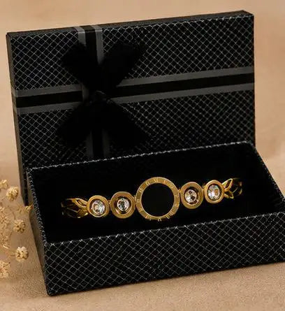 Luxury Gold Roman Numeral Crystal Cuff Bracelet - Stainless Steel Bangle