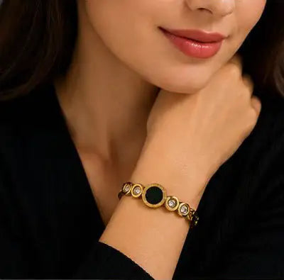 Luxury Gold Roman Numeral Crystal Cuff Bracelet - Stainless Steel Bangle