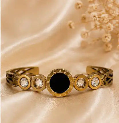 Luxury Gold Roman Numeral Crystal Cuff Bracelet - Stainless Steel Bangle