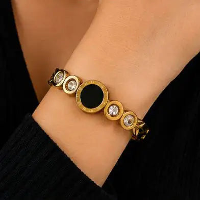 Luxury Gold Roman Numeral Crystal Cuff Bracelet - Stainless Steel Bangle