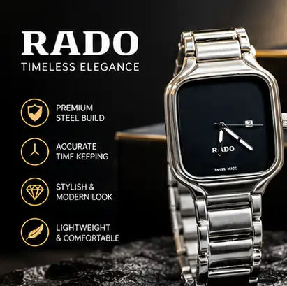 Rado Style Square Dial  Stainless Steel Watch – Silver black